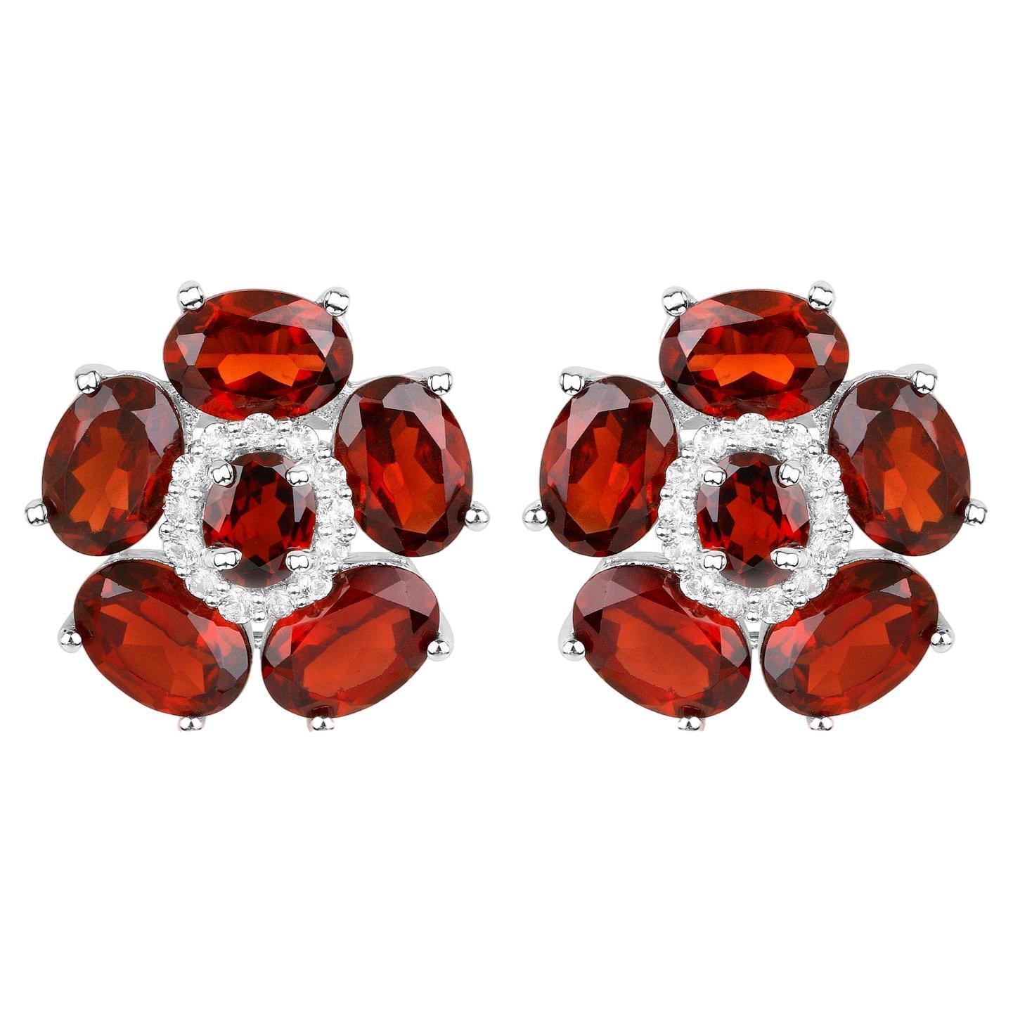 Natural Garnet and White Topaz Floral Earrings 9.6 Carats Total
