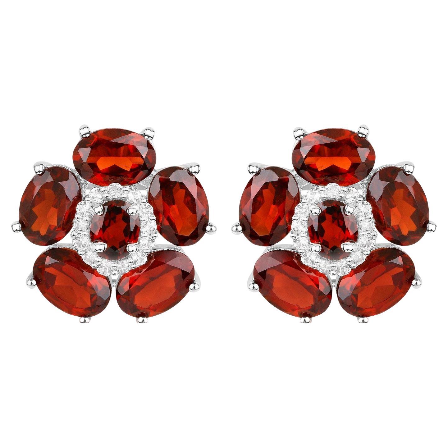 Natural Garnet and White Topaz Floral Earrings 9.6 Carats Total For Sale