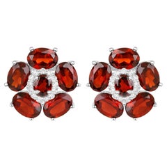 Natural Garnet and White Topaz Floral Earrings 9.6 Carats Total