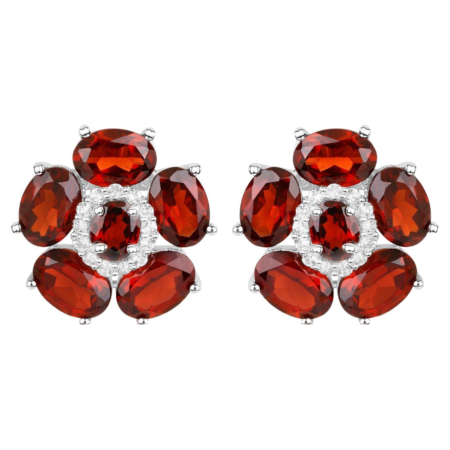 Natural Garnet and White Topaz Floral Earrings 9.6 Carats Total For Sale