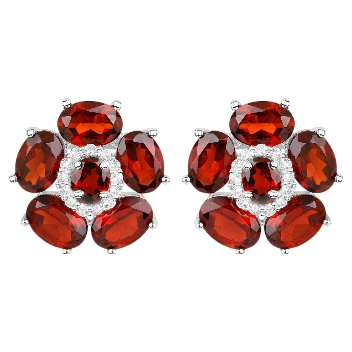 Natural Garnet and White Topaz Floral Earrings 9.6 Carats Total