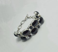 Natural Garnet Cabochon and Faceted 925 Sterling Silver Chain Bracelet
