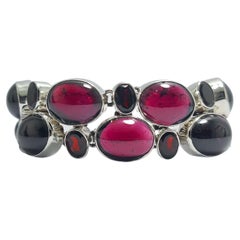 Used Natural Garnet Cabochon and Faceted 925 Sterling Silver Chain Bracelet