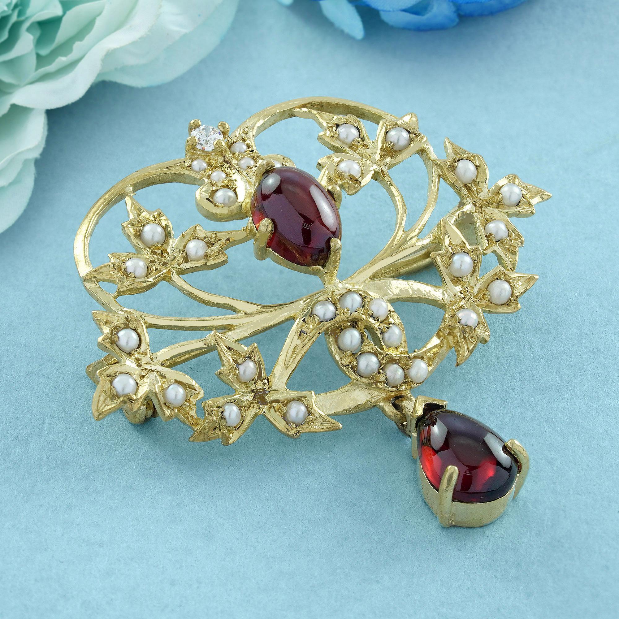 Edwardian Natural Garnet Cabochon Pearl and  Diamond Leaf and Floral Brooch in 9K Gold For Sale