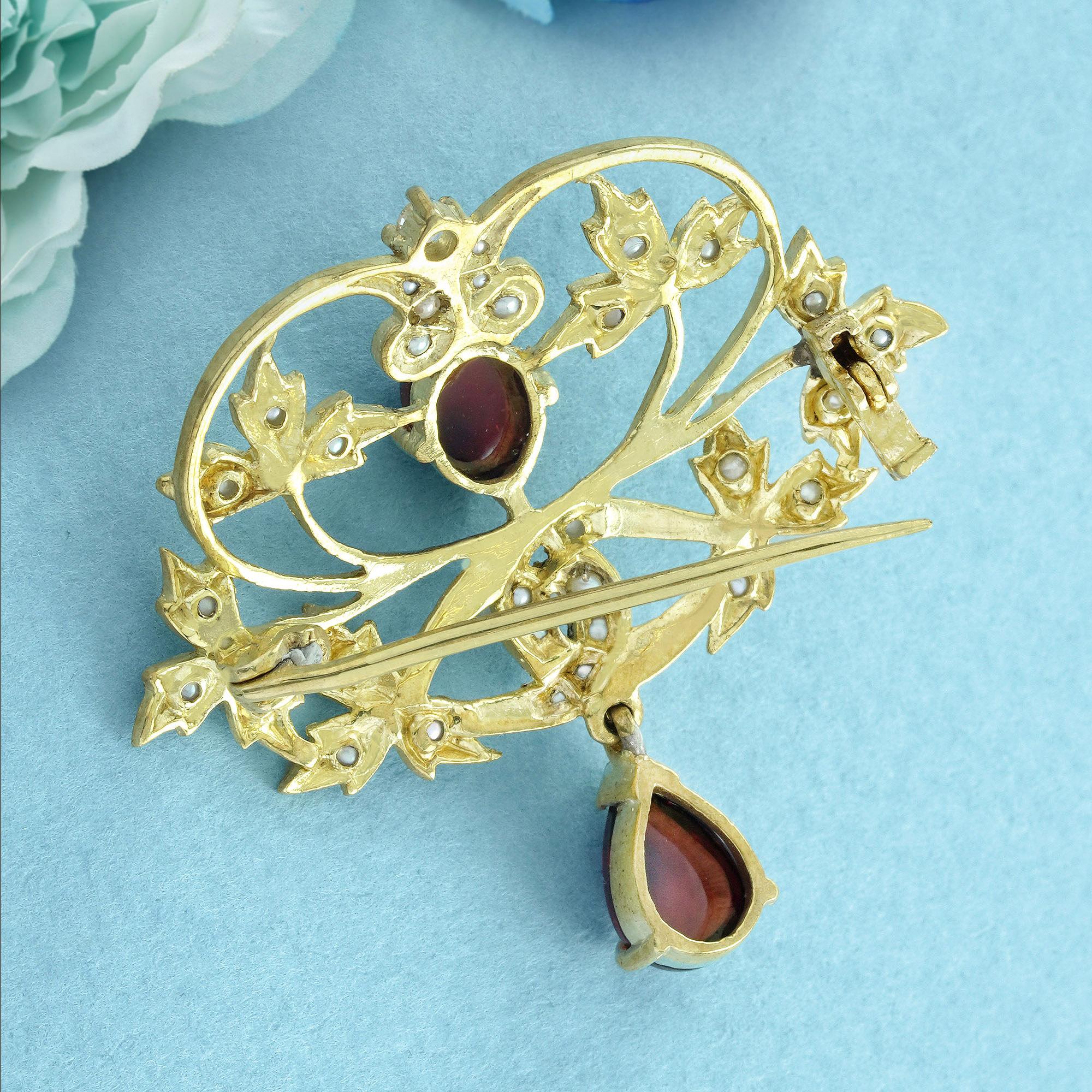 Women's Natural Garnet Cabochon Pearl and  Diamond Leaf and Floral Brooch in 9K Gold For Sale