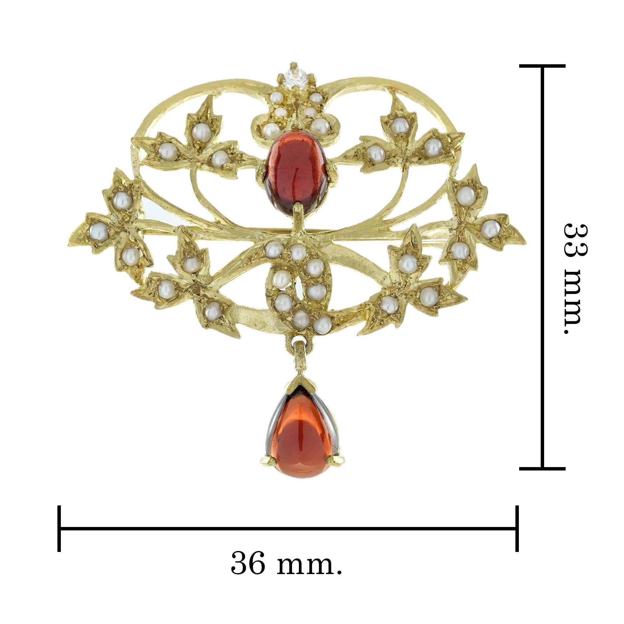 Natural Garnet Cabochon Pearl and  Diamond Leaf and Floral Brooch in 9K Gold For Sale 1
