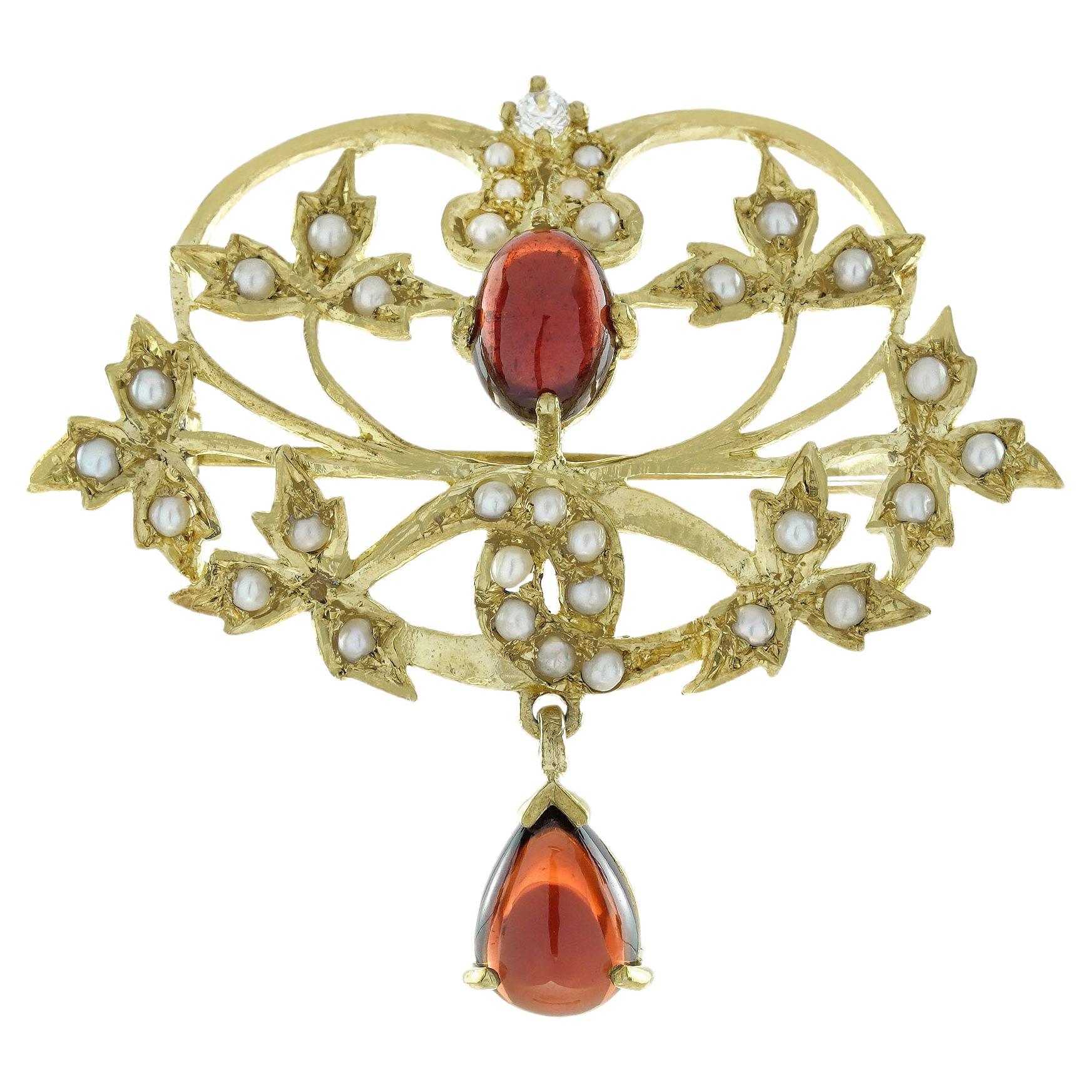 Natural Garnet Cabochon Pearl and  Diamond Leaf and Floral Brooch in 9K Gold For Sale