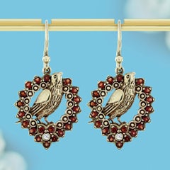 Natural Garnet Diamond Bird Openwork Drop Earrings in 9K Yellow Gold