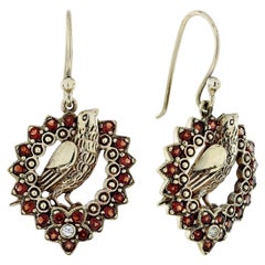 Natural Garnet Diamond Bird Openwork Drop Earrings in 9K Yellow Gold