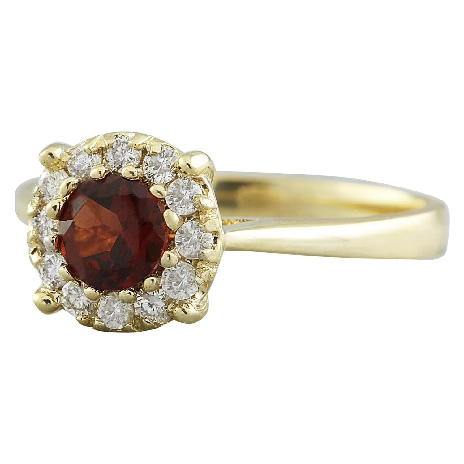 0.72 Carat Natural Garnet 14 Karat Solid Yellow Gold Diamond Ring
Stamped: 14K 
Total Ring Weight: 2.9 Grams
Garnet Weight: 0.50 Carat (5.00x5.00 Millimeters) 
Diamond Weight: 0.22 carat (F-G Color, VS2-SI1 Clarity)
Quantity: 12
Face Measures: