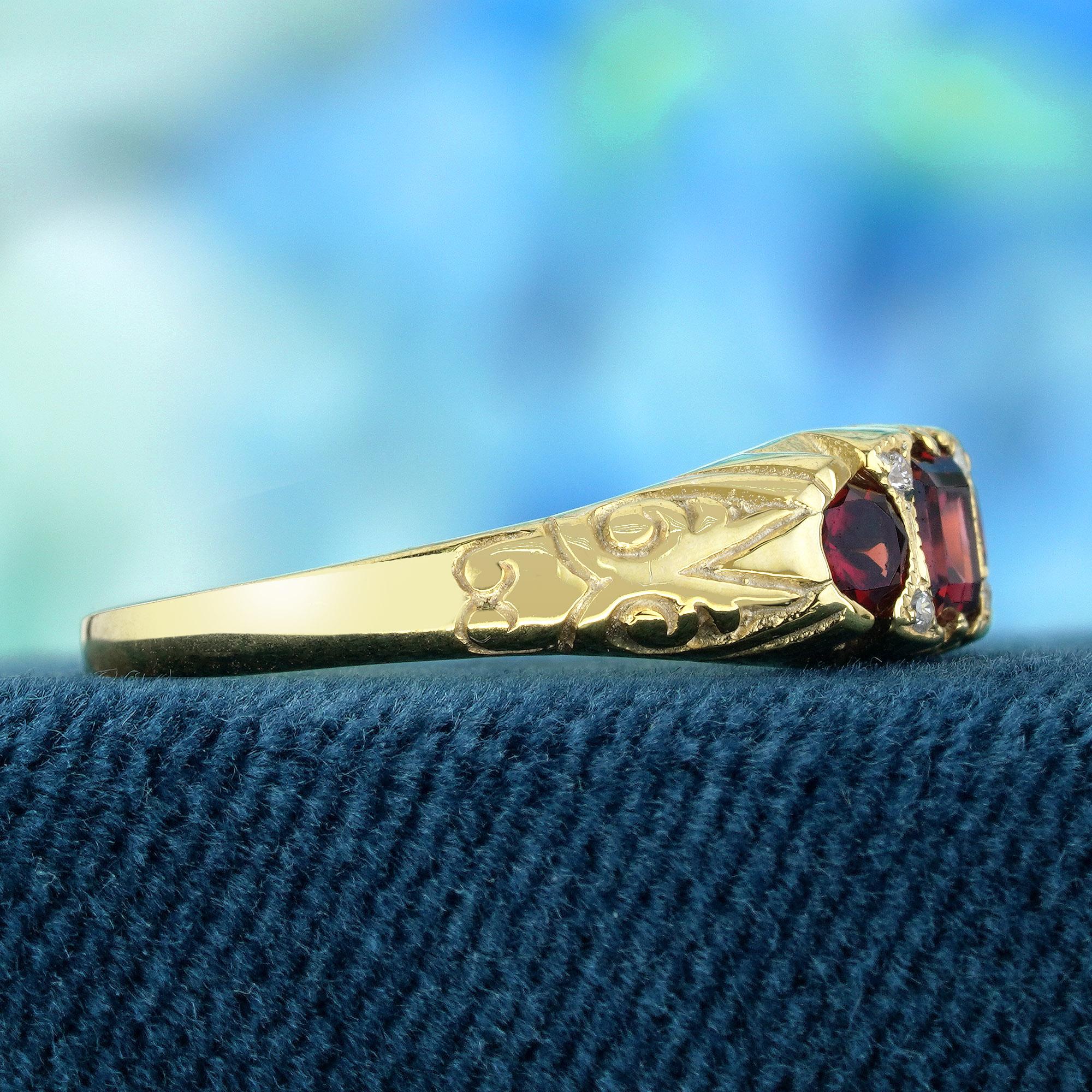 Oval Cut Natural Garnet Diamond Vintage Style Three Stone Ring in Solid 9K Yellow Gold For Sale