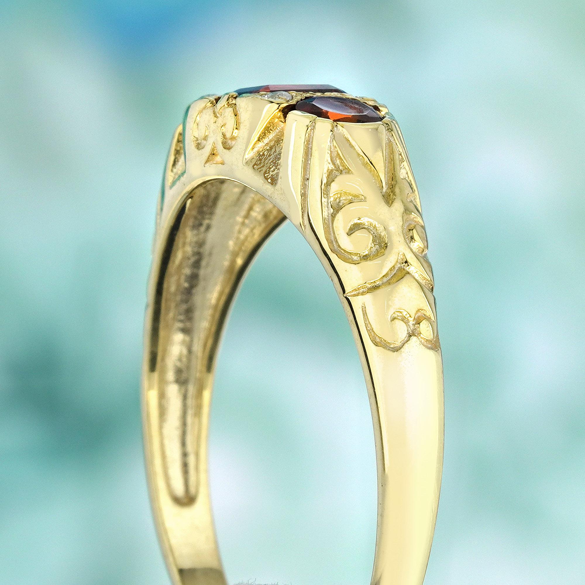 Women's Natural Garnet Diamond Vintage Style Three Stone Ring in Solid 9K Yellow Gold For Sale