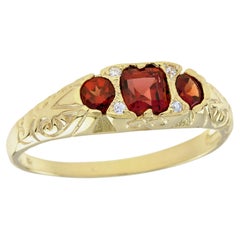 Natural Garnet Diamond Vintage Style Three Stone Ring in Solid 9K Yellow Gold