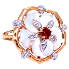 Natural Garnet Diamonds & Mother of Pearl Ring 18kt Gold  Ref 12301