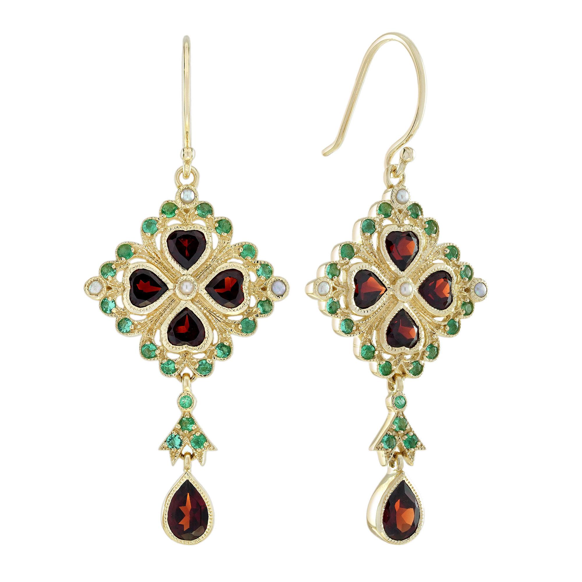 Natural Garnet Emerald Pearl Vintage Style Drop Earrings in 9k Yellow Gold