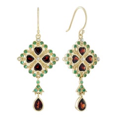 Orecchini a goccia in stile vintage con granato naturale e perla smeraldo in oro giallo 9k