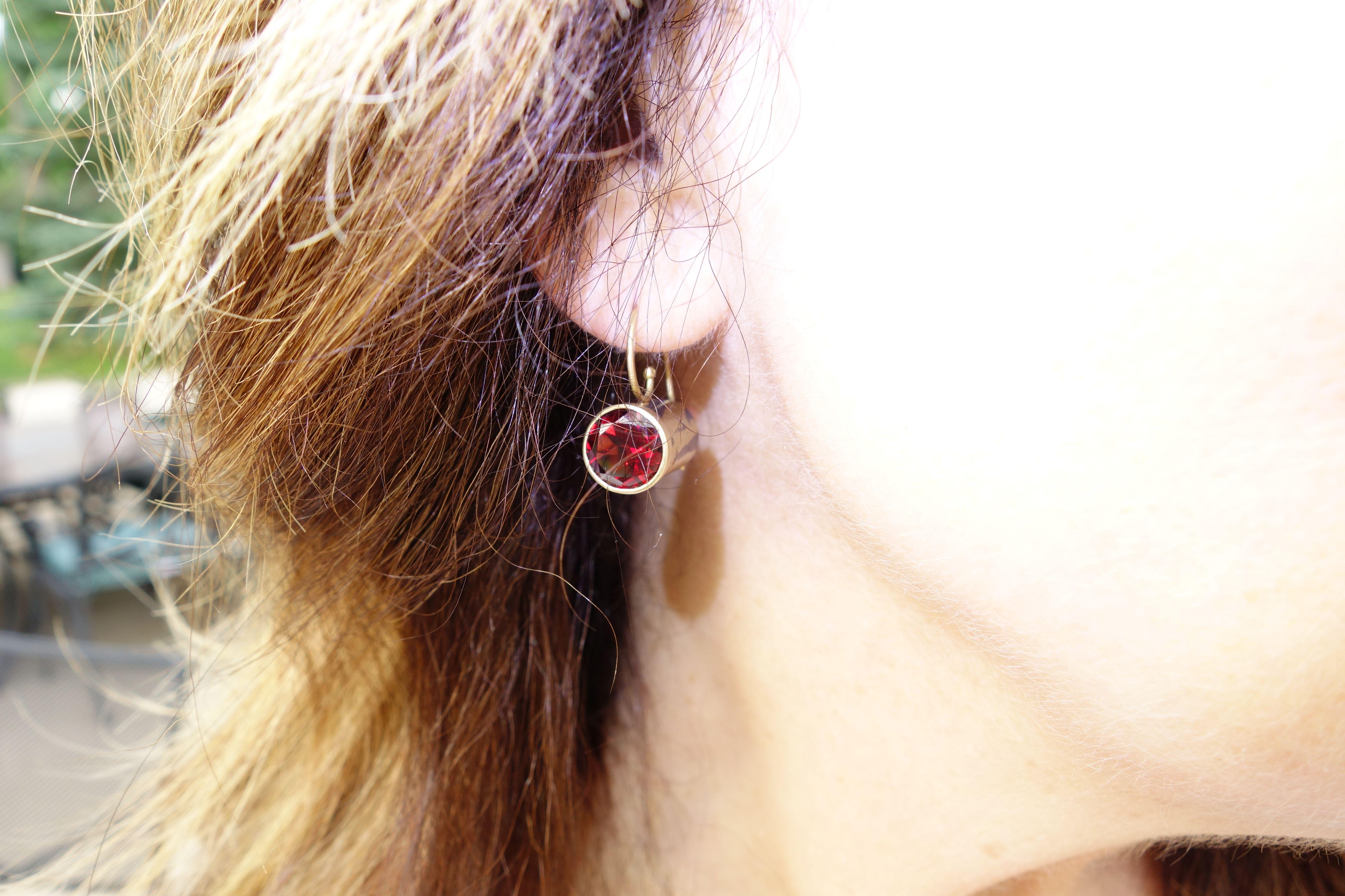 Modern Natural Garnet Gold and Oxidized Sterling Silver Drop Earrings For Sale