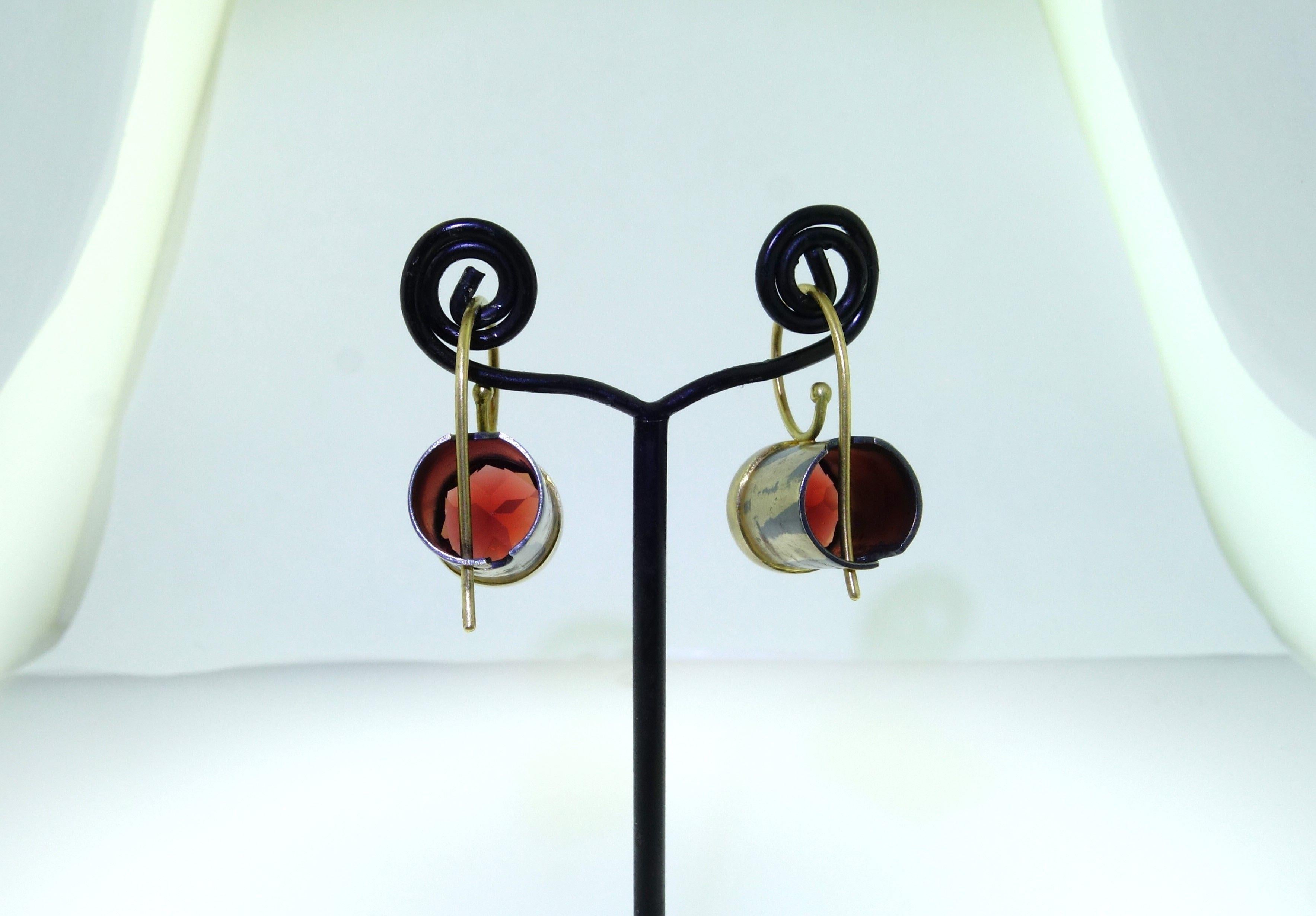 Women's Natural Garnet Gold and Oxidized Sterling Silver Drop Earrings For Sale