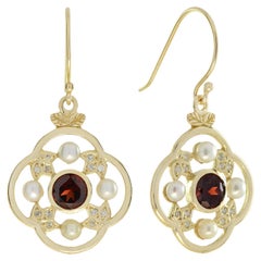 Natural Garnet Pearl Diamond Floral Earrings in Solid 9K Yellow Gold
