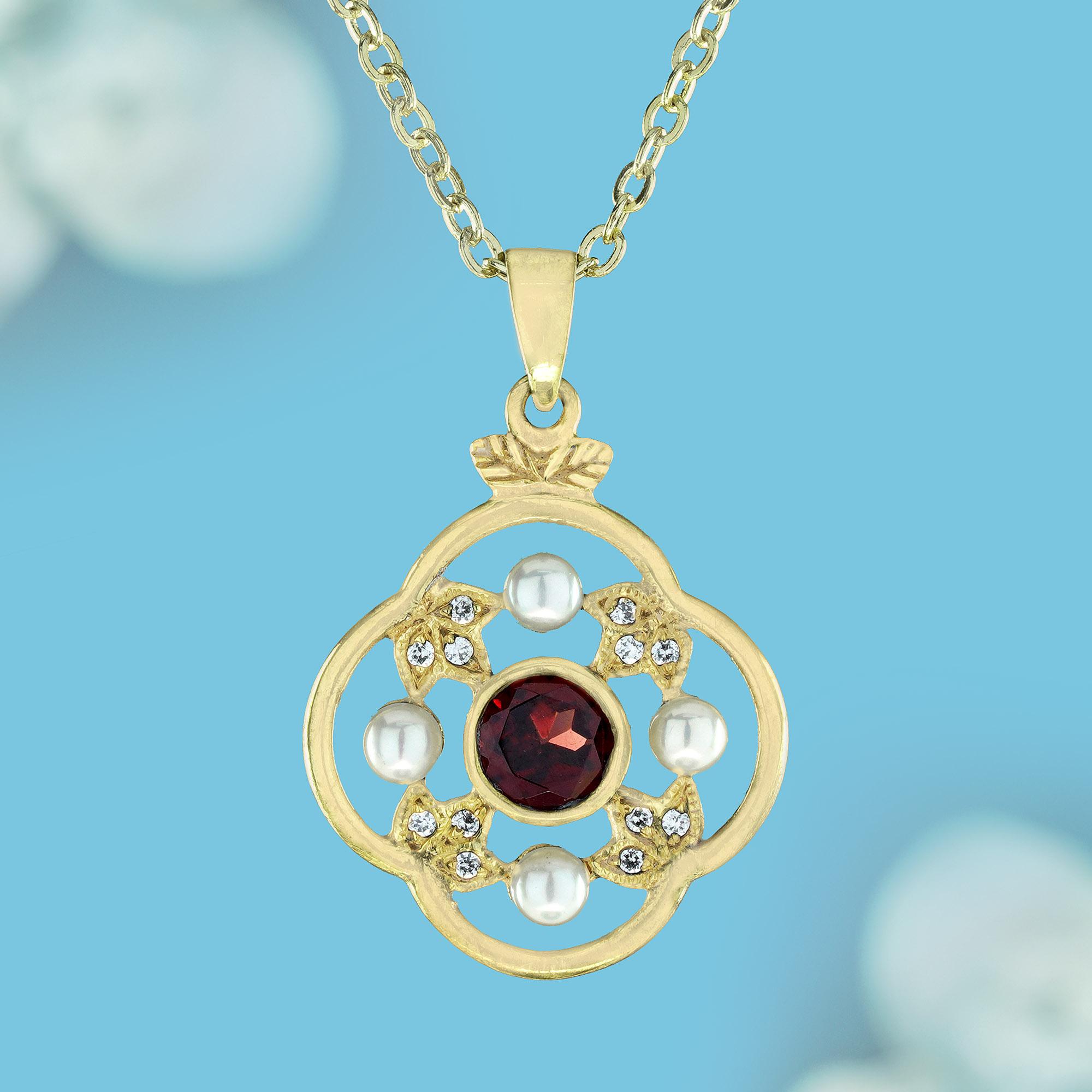 Elevate your elegance with our exquisite natural garnet pearl diamond floral pendant in yellow gold. Embrace the allure of round deep red garnet stones, accentuated by four shimmering white pearls, and delicately complemented by dazzling diamonds in