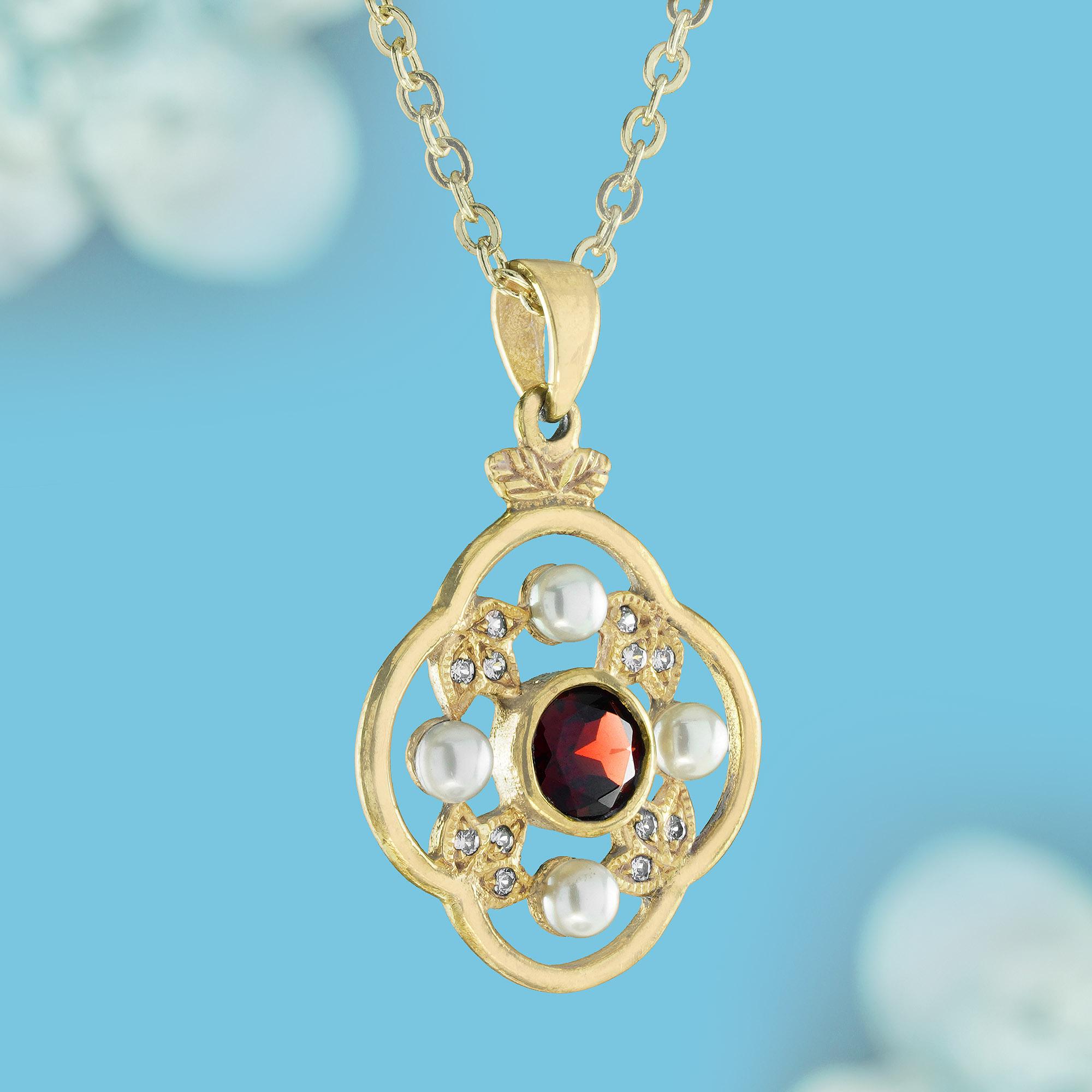 Edwardian Natural Garnet Pearl Diamond Floral Pendant in Solid 9K Yellow Gold For Sale