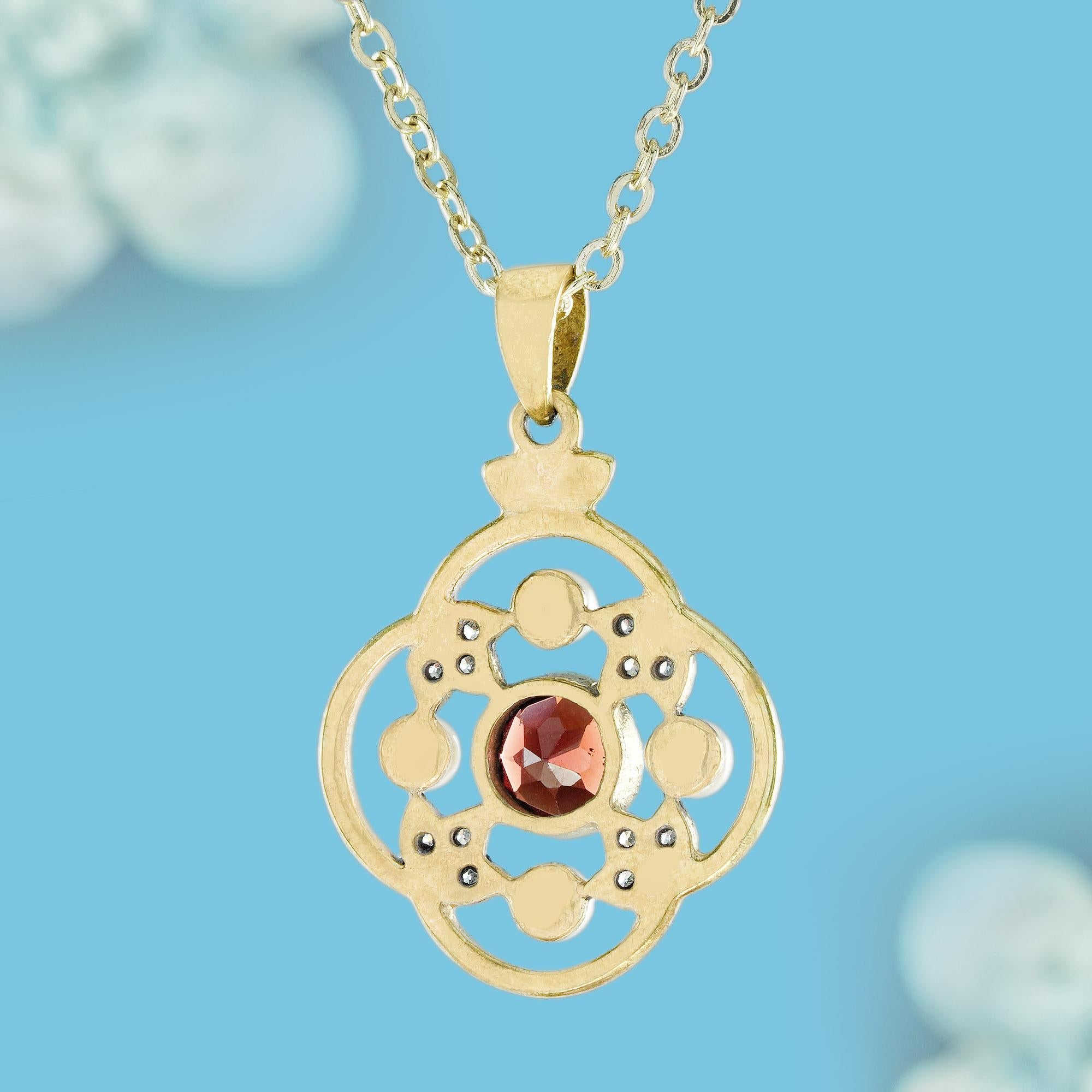 Round Cut Natural Garnet Pearl Diamond Floral Pendant in Solid 9K Yellow Gold  For Sale