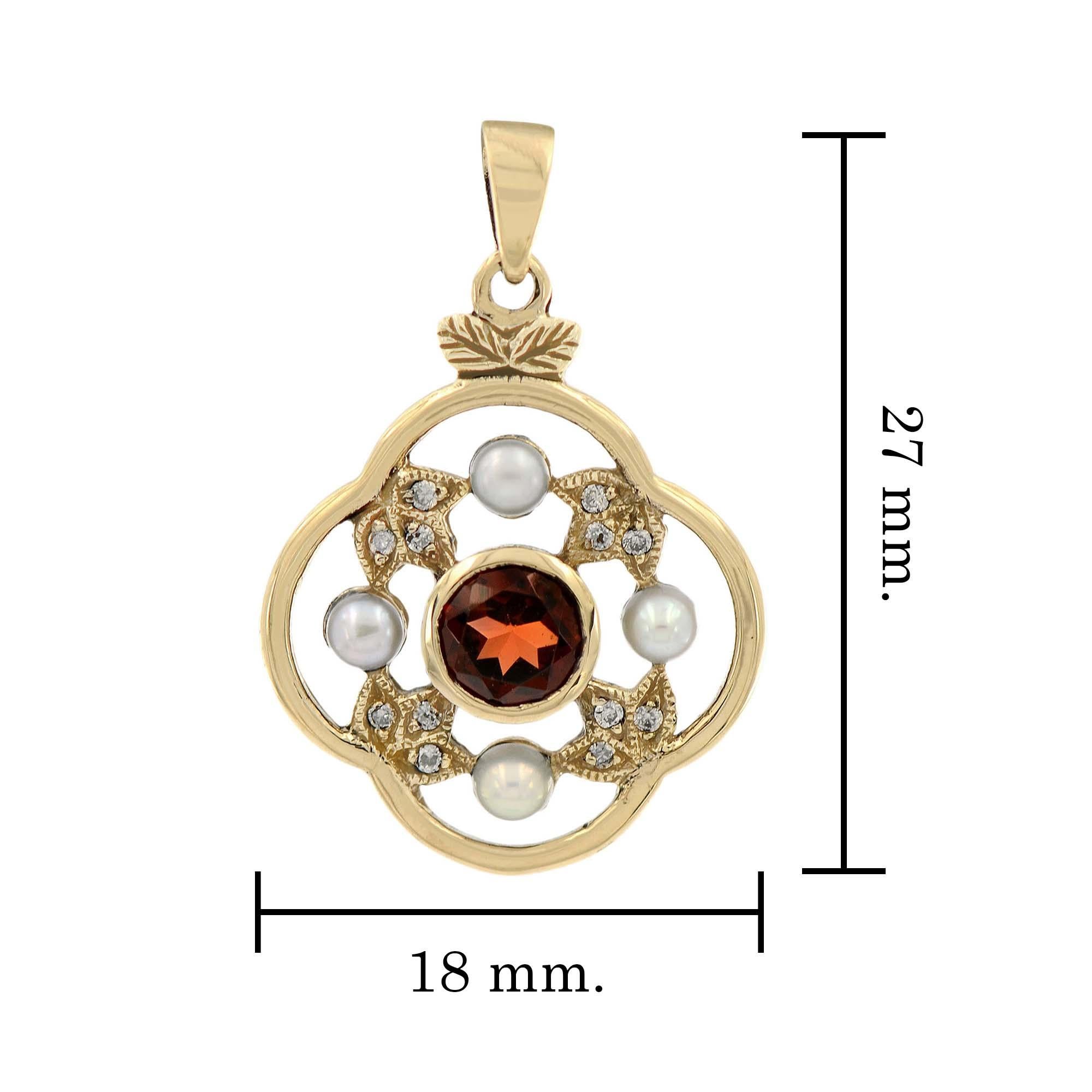 Natural Garnet Pearl Diamond Floral Pendant in Solid 9K Yellow Gold  In New Condition For Sale In Bangkok, TH