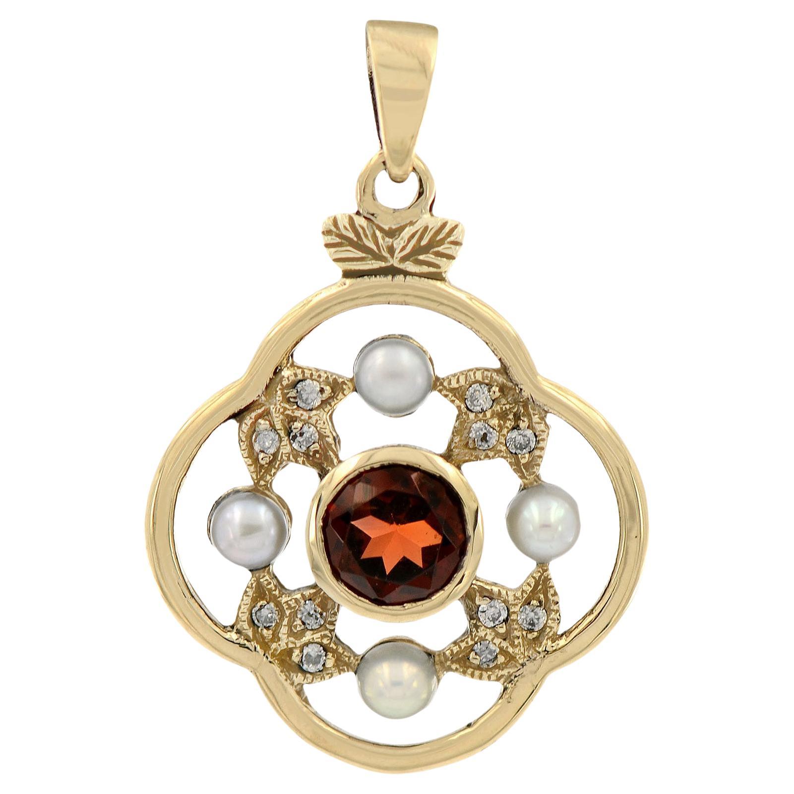 Natural Garnet Pearl Diamond Floral Pendant in Solid 9K Yellow Gold 