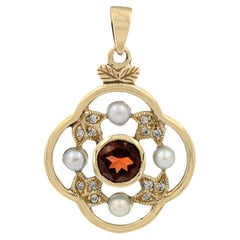 Pendentif floral en or jaune 9K grenat naturel perle diamant 