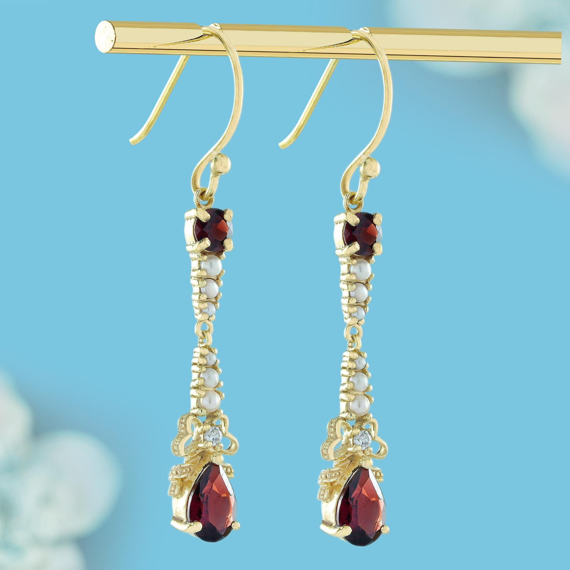 Edwardian Natural Garnet Pearl Diamond Vintage Style Drop Earrings in Solid 9K Yellow Gold For Sale