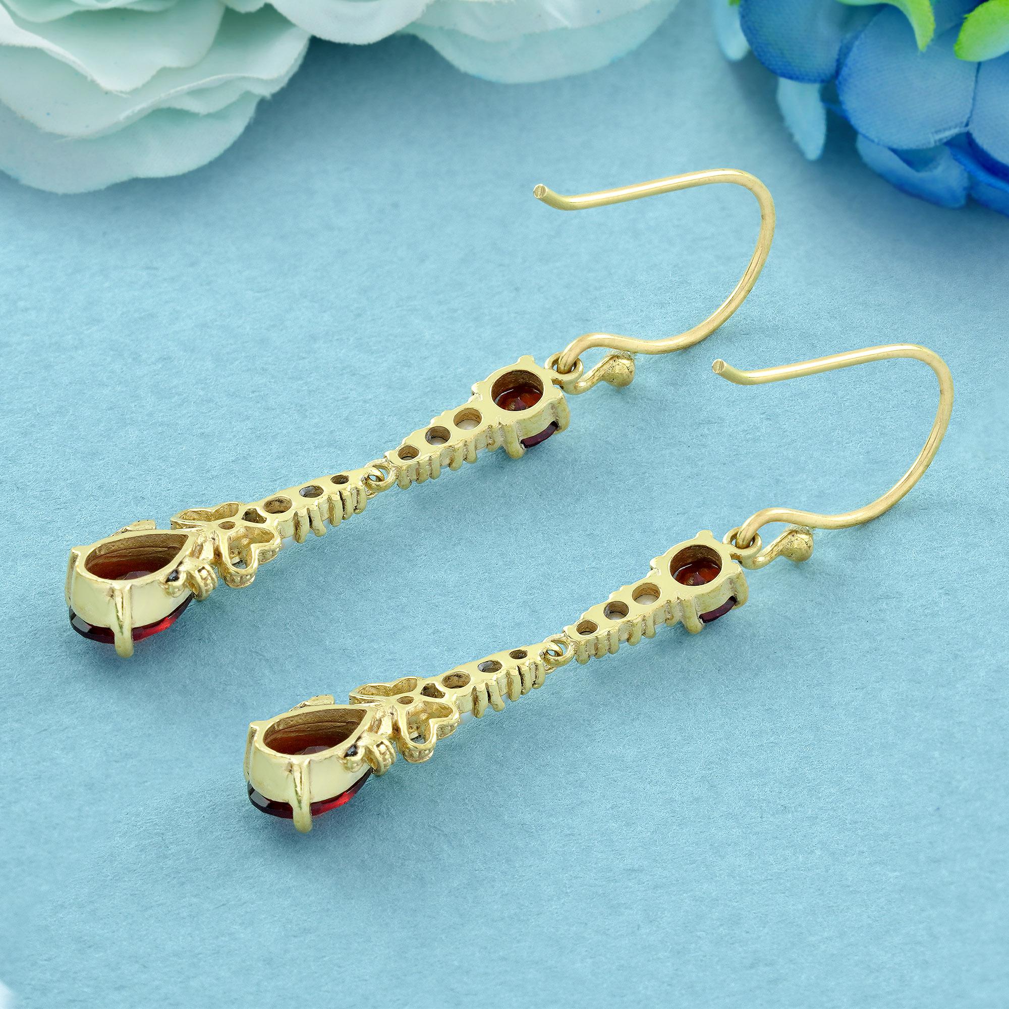 Pear Cut Natural Garnet Pearl Diamond Vintage Style Drop Earrings in Solid 9K Yellow Gold For Sale