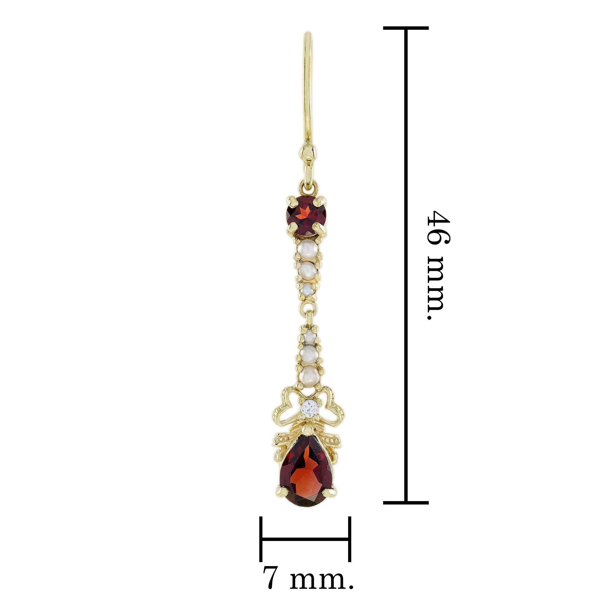 Natural Garnet Pearl Diamond Vintage Style Drop Earrings in Solid 9K Yellow Gold In New Condition For Sale In Bangkok, TH