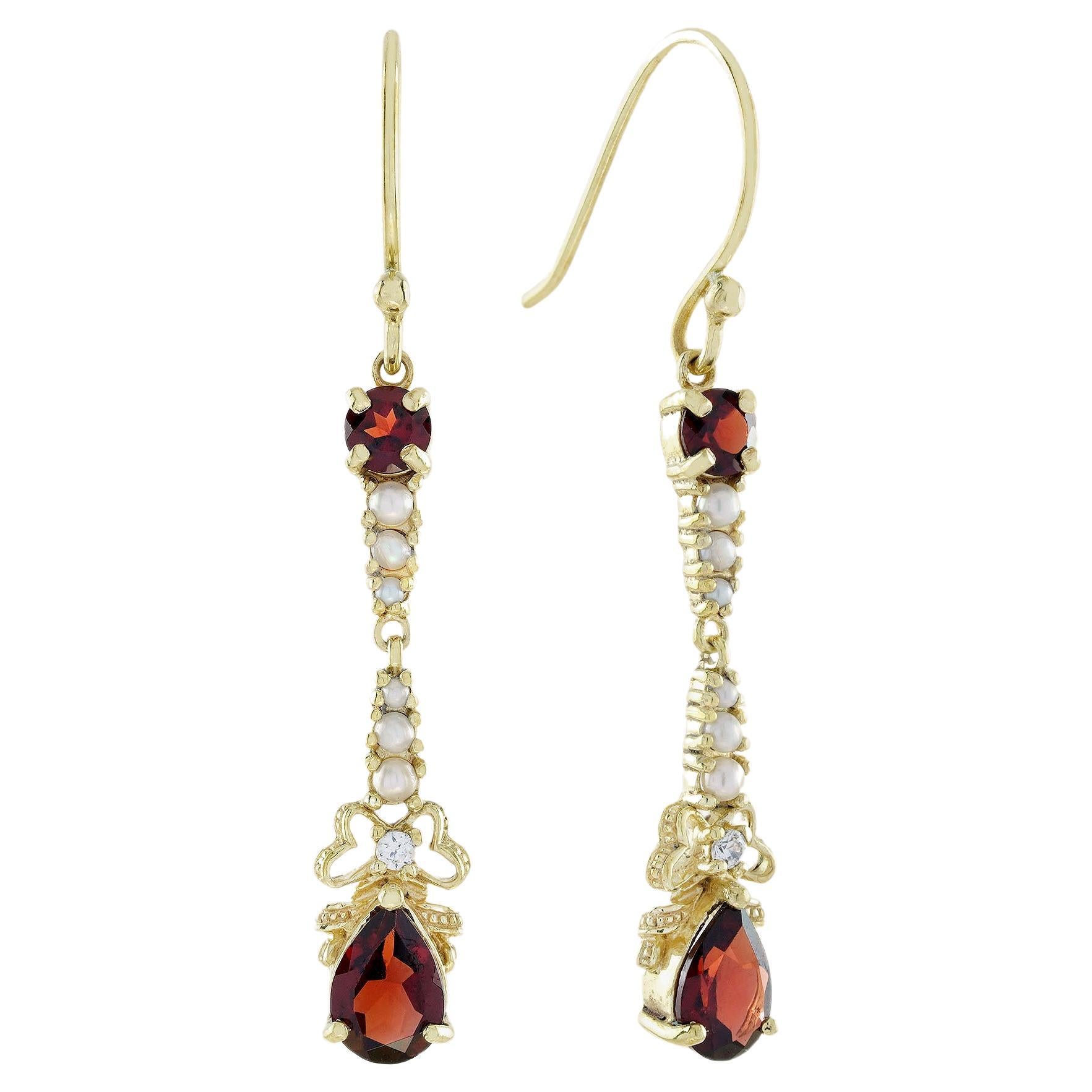 Natural Garnet Pearl Diamond Vintage Style Drop Earrings in Solid 9K Yellow Gold