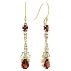 Orecchini a goccia in stile vintage con perle di granato naturale e diamanti in oro giallo massiccio 9K