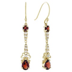 Natural Garnet Pearl Diamond Vintage Style Drop Earrings in Solid 9K Yellow Gold