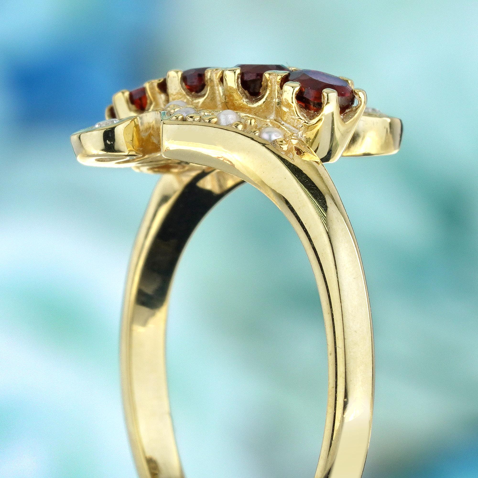 Women's Natural Garnet Pearl Diamond Vintage Style Ring in Solid 9K Yellow Gold For Sale
