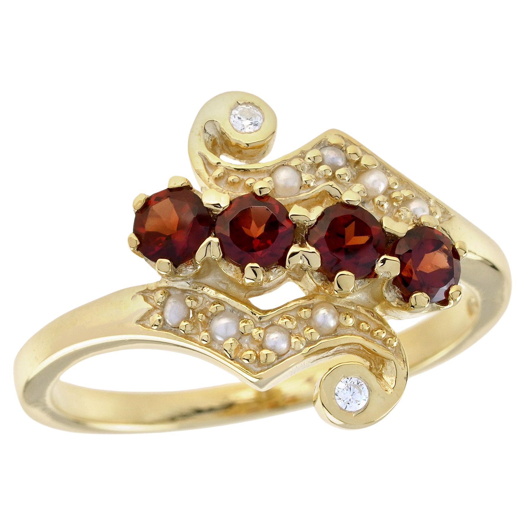 Natural Garnet Pearl Diamond Vintage Style Ring in Solid 9K Yellow Gold For Sale