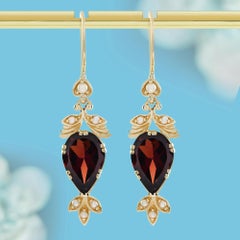 Natural Garnet Pearl Heart Leaf Dangle Earrings in 9K Yellow Gold
