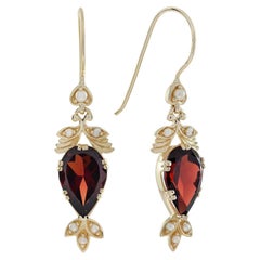 Natural Garnet Pearl Heart Leaf Dangle Earrings in 9K Yellow Gold