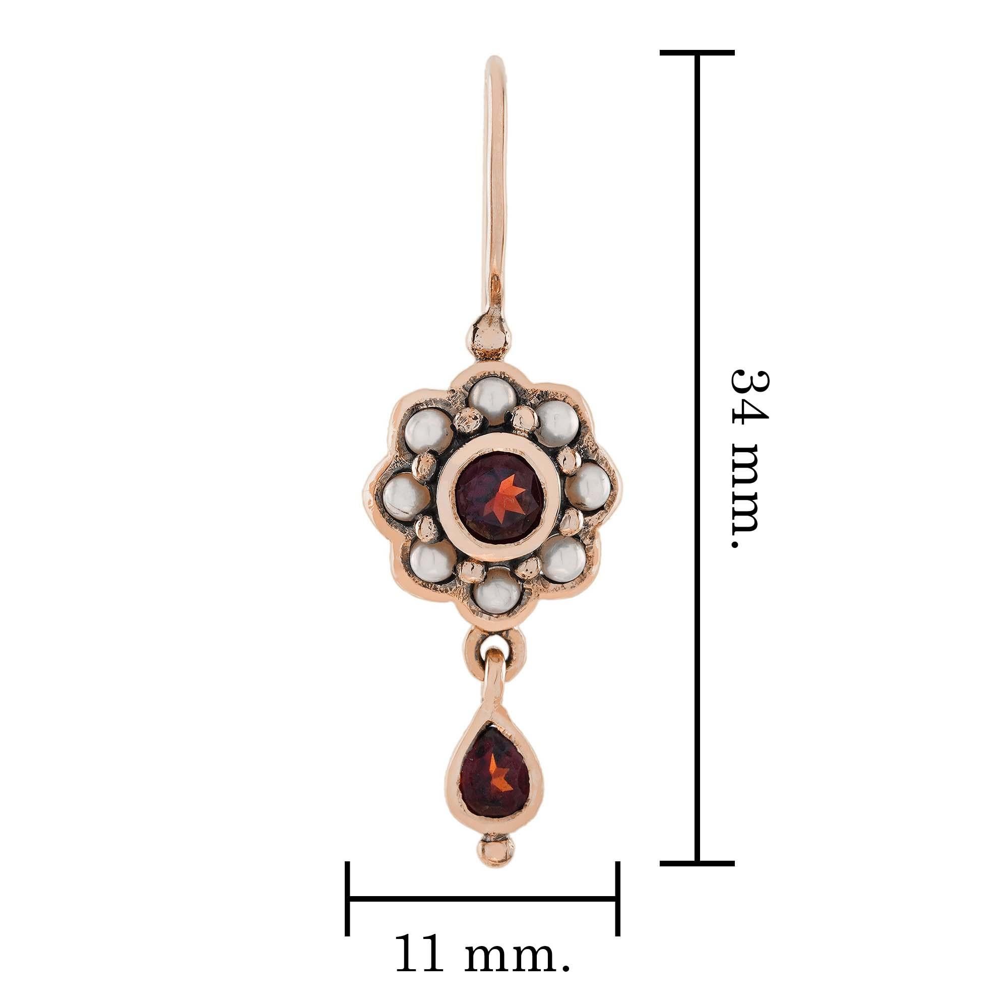 Natürliche Granat-Perlen-Tropfenohrringe im Vintage-Stil aus massivem 9K Roségold mit Blumenmuster im Zustand „Neu“ im Angebot in Bangkok, TH