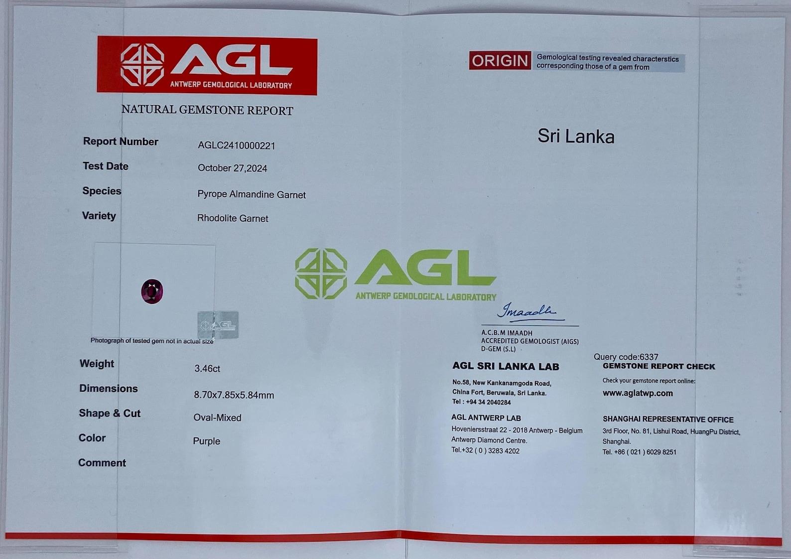 da uomo o donna Gemma naturale di granato rodolite da 3,46 carati, taglio ovale, certificato AGL, Sri-Lanka in vendita