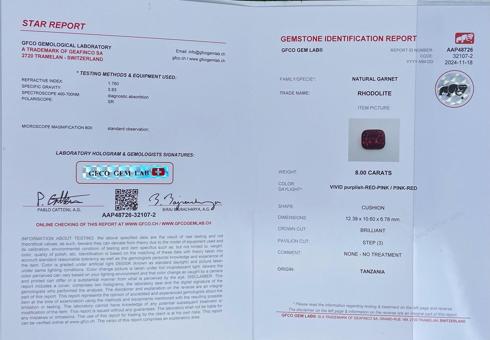 Pierre précieuse rhodolite grenat naturelle de 8.0 carats, taille coussin, Tanzanie, certificat en vente 2