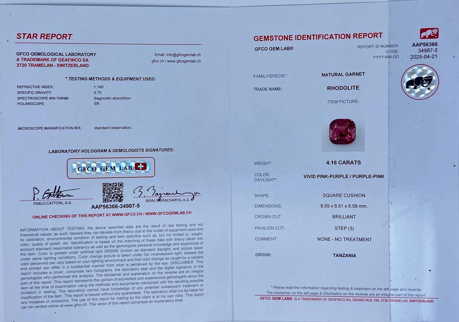 Pierre précieuse non sertie grenat rhodolite naturelle de 4,16 carats, taille coussin, certificat GFCO en vente 5