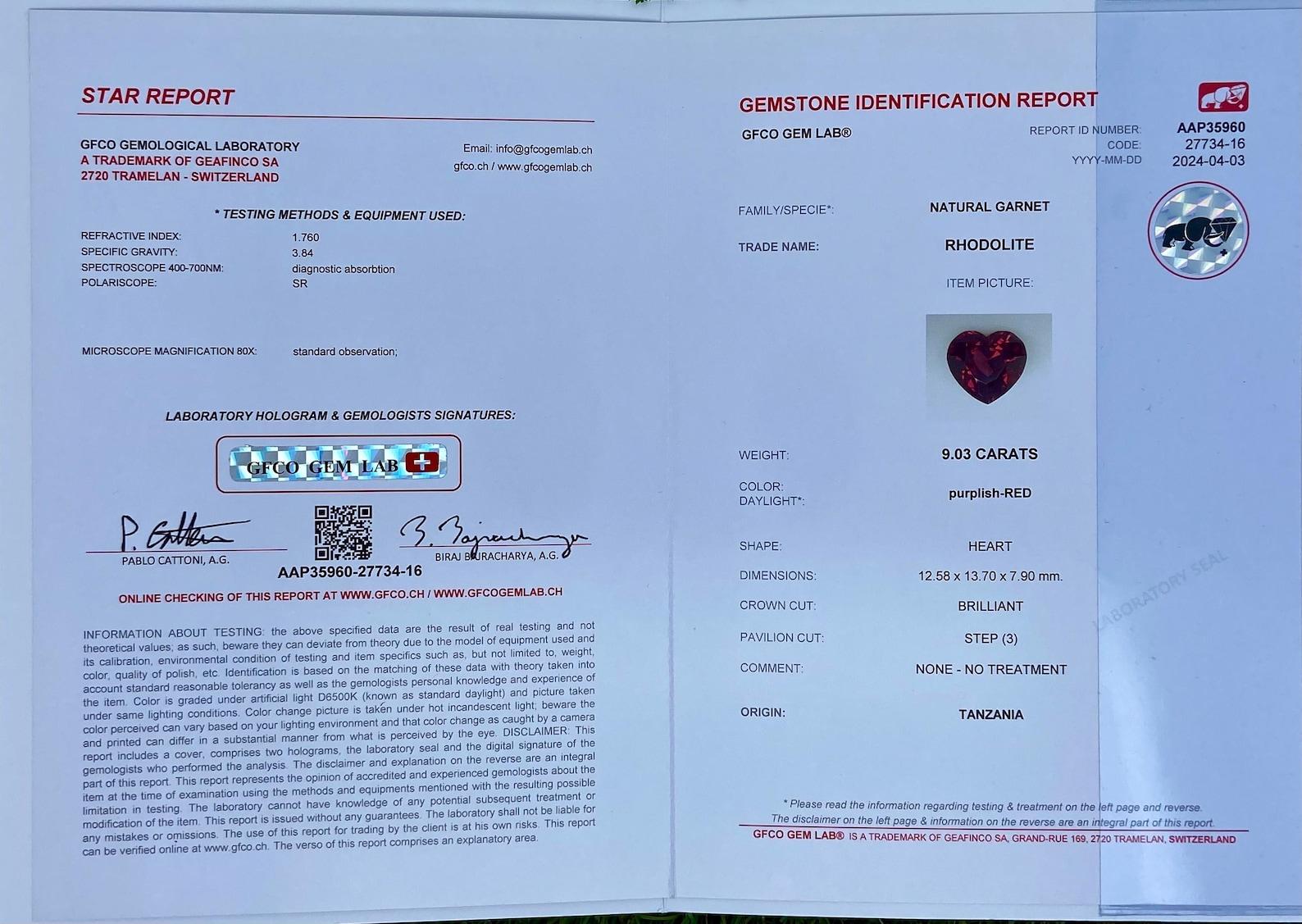 Heart Cut Natural Garnet Rhodolite loose gemstone 9.03 ct. Heart cut, Tanzania Certificate For Sale