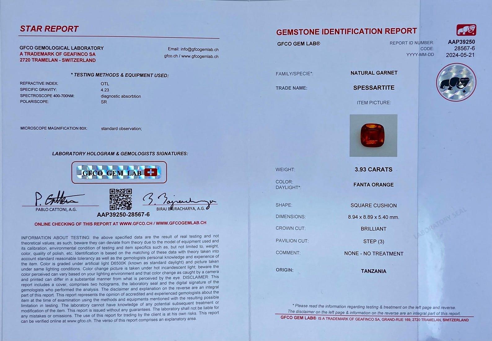 Grenat naturel Spessartite pierres précieuses en vrac 3.93 ct. Taille de coussin, certificat GFCO en vente 3