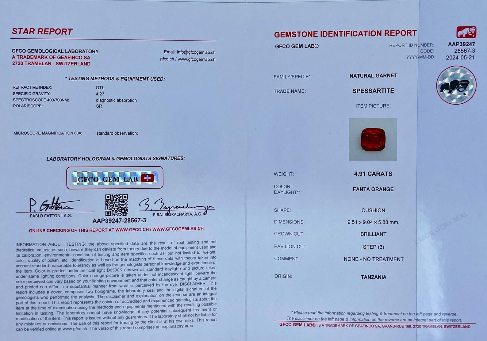 Natural Garnet Spessartite Loose Gemstone 4.91 Ct. Cushion cut, Certificate GFCO In condizioni Nuovo in vendita a Daugavpils, LV