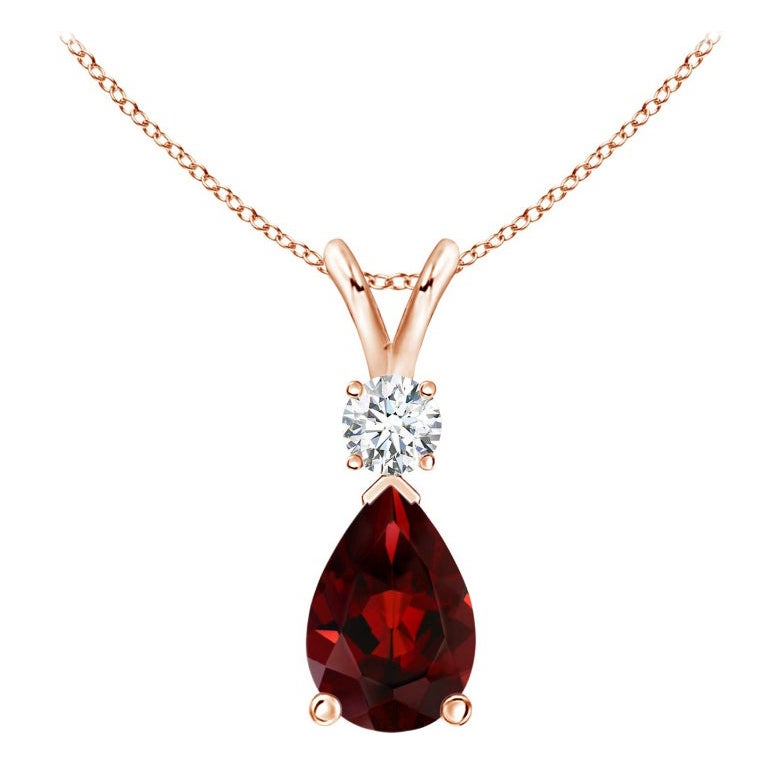 Natürlicher Granat-Tropfen-Anhänger mit Diamant in 14K Roségold (Größe-10x7 mm) im Angebot