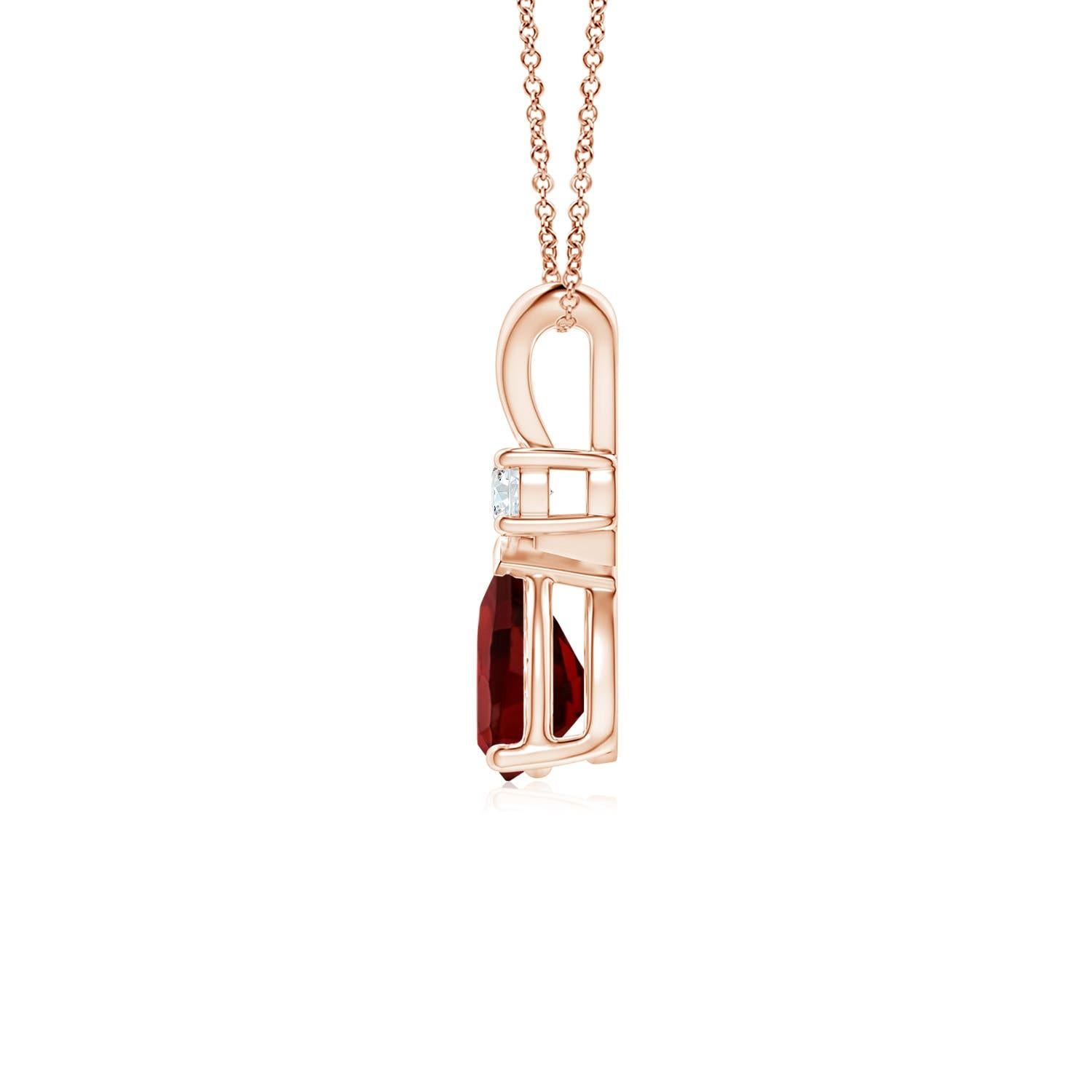 A pear-shaped intense red garnet is secured in a prong setting and embellished with a diamond accent on the top. Simple yet stunning, this teardrop garnet pendant with V bale is sculpted in 14k rose gold.
Garnet is the Birthstone for January and
