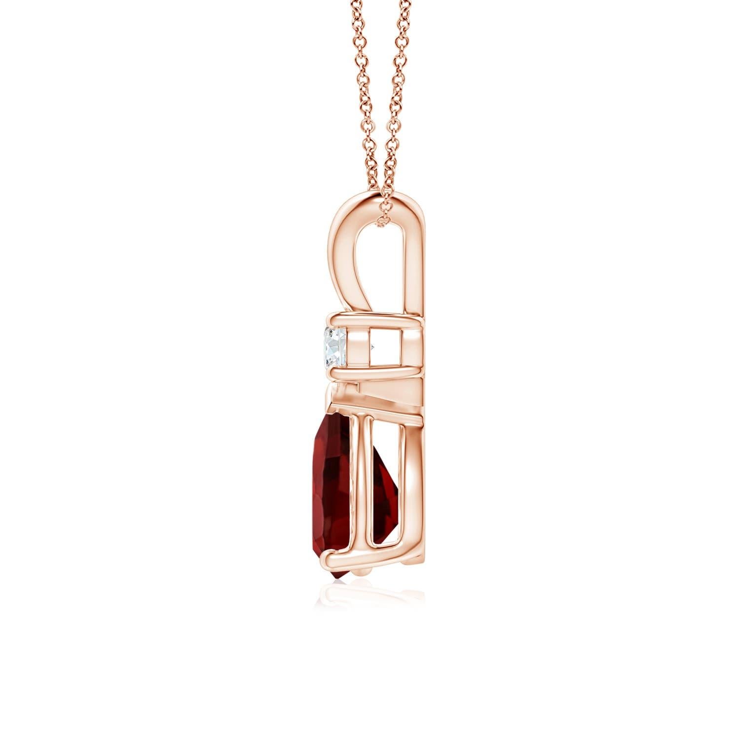 A pear-shaped intense red garnet is secured in a prong setting and embellished with a diamond accent on the top. Simple yet stunning, this teardrop garnet pendant with V bale is sculpted in 14k rose gold.
Garnet is the Birthstone for January and