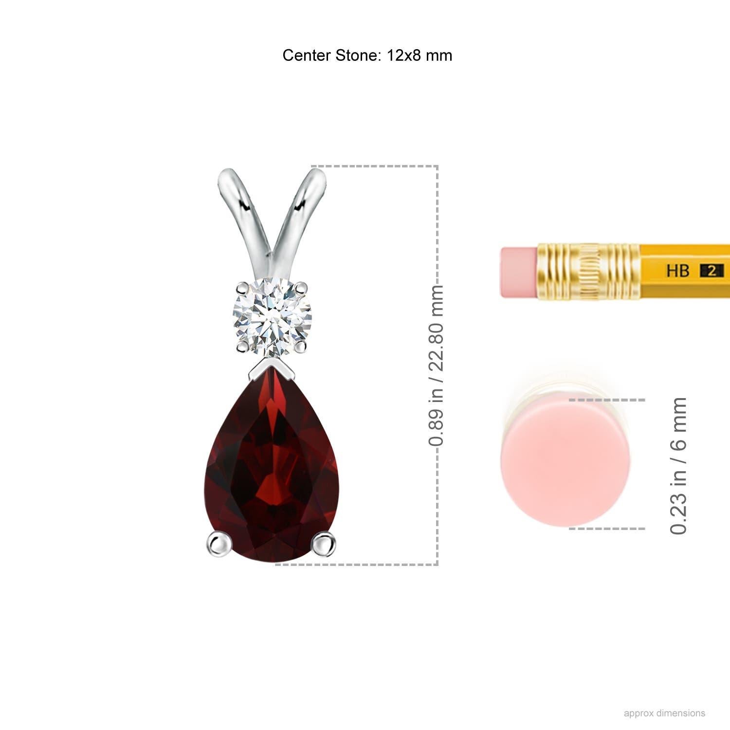A pear-shaped intense red garnet is secured in a prong setting and embellished with a diamond accent on the top. Simple yet stunning, this teardrop garnet pendant with V bale is sculpted in 14k white gold.
Garnet is the Birthstone for January and
